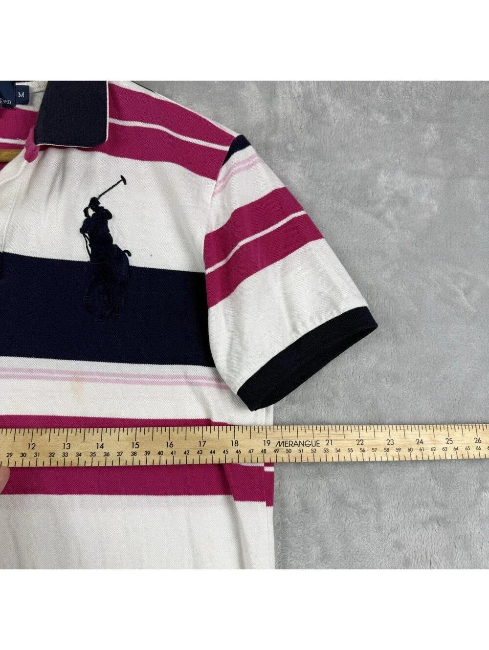 Polo Ralph Lauren Custom Fit Big Pony Polo Shirt White Pink Stripe Men's M Y2K